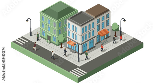 Isometric urban street corner with buildings and pedestrians