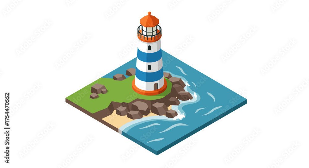 Obraz premium Isometric lighthouse on coastal landscape with ocean waves and rocks