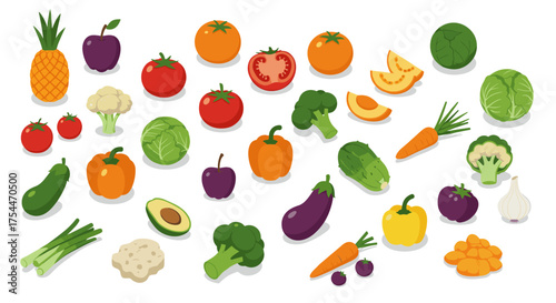 Fresh fruits and vegetables in colorful flat design