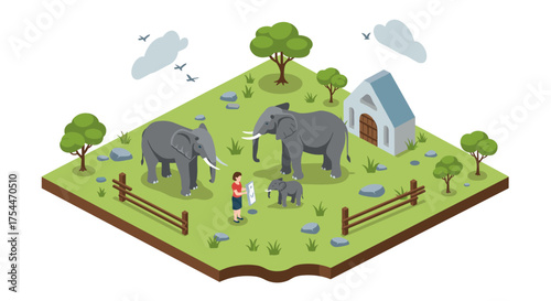 Isometric safari scene with family of elephants and tourist in nature reserve