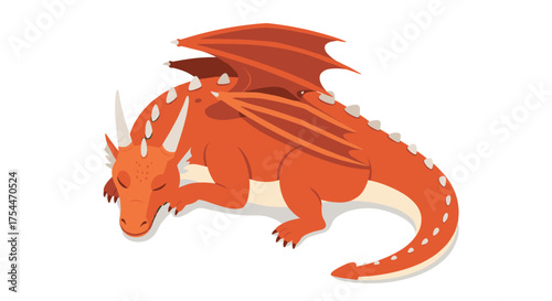 Sleeping dragon in flat design with scales and wings