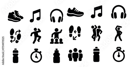 Dance and fitness icons set in silhouette – solid, exercise, workout symbols