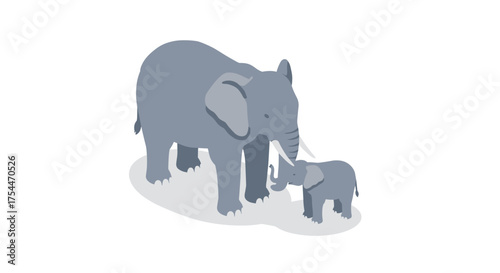 Isometric elephant family on white background: parent and calf in minimalist style