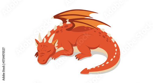 Cute sleeping dragon in cartoon style with orange wings on white background