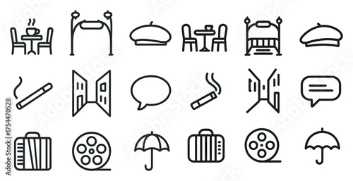 Parisian cafe outline icons set – linear, flat, french culture symbols