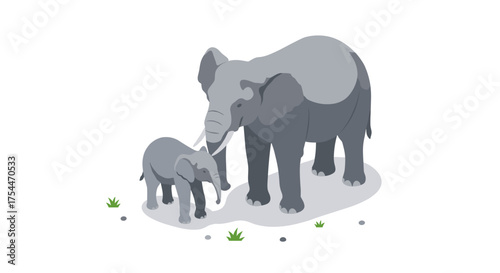 Mother and baby elephant standing gracefully on grass in minimalist style