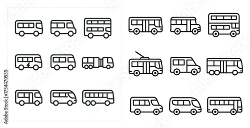 Public transport line icons set – linear, outline, bus and vehicle symbols