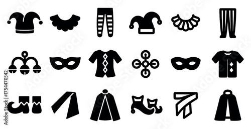 Jester costume silhouette icons set – flat, filled, clown and masquerade symbols