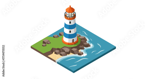 Isometric lighthouse on coastal landscape with ocean waves and rocks