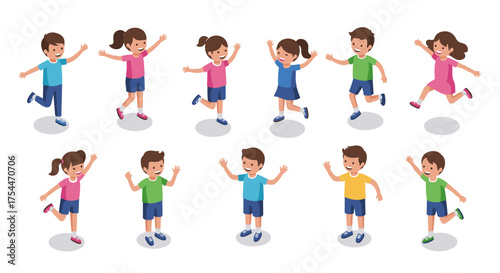 Happy kids playing and jumping in casual outfits on white background