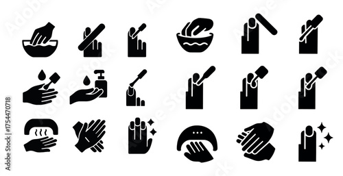 Manicure and nail care solid icons set – filled, grooming, beauty essentials