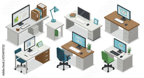 Modern office workspace designs in isometric style for creative and functional interiors