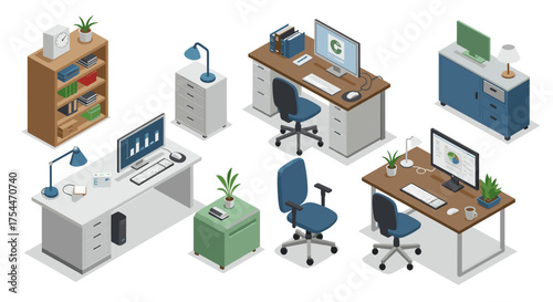 Modern office furniture set in isometric style with desks, chairs, and decor elements for workspace design