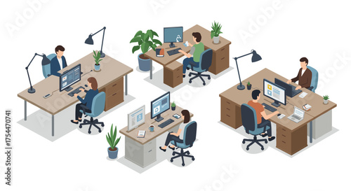 Modern office workspace with people working at desks in isometric style