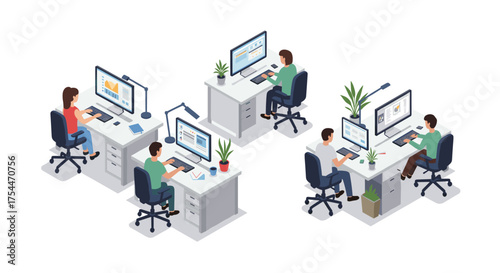 Modern office workspace with employees working at desks in isometric design