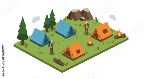 Isometric camping scene with tents, campfire, and hikers in forest setting