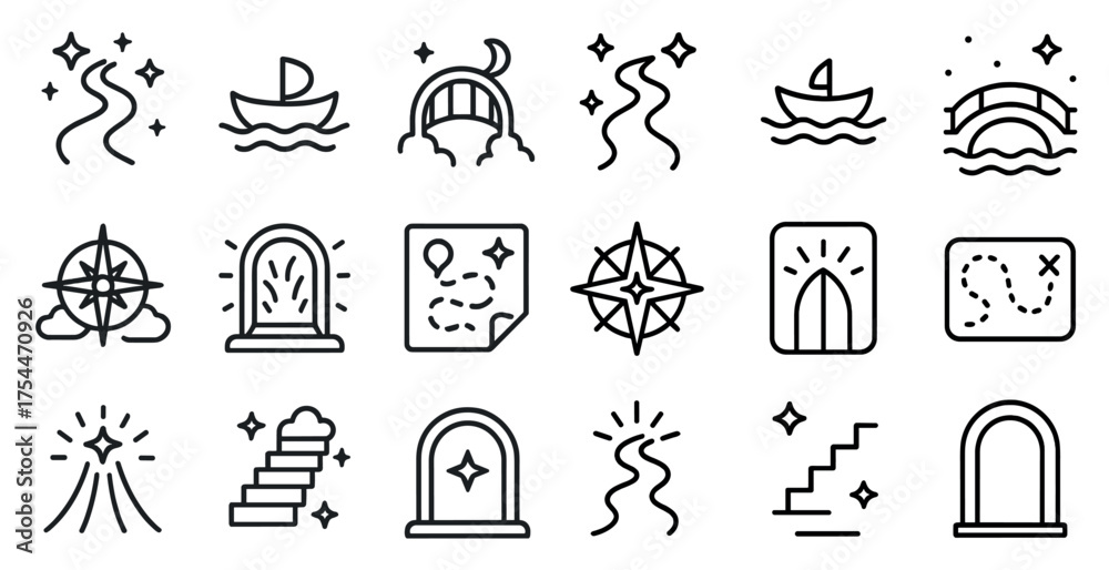Fototapeta premium Travel and exploration line icons set – flat, outline, adventure and journey symbols