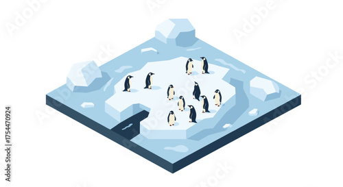 Isometric penguins gathering on antarctic ice with surrounding icebergs