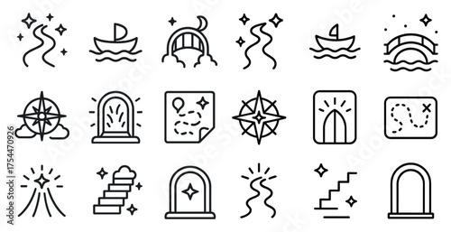 Travel and exploration line icons set – flat, outline, adventure and journey symbols