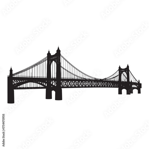 Silhouette of a majestic suspension bridge isolated on white background, showcasing its architectural grandeur and engineering marvel in a striking monochrome design