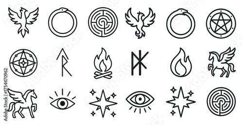 Mystical symbols outline icons set – linear, sacred, mythological imagery designs
