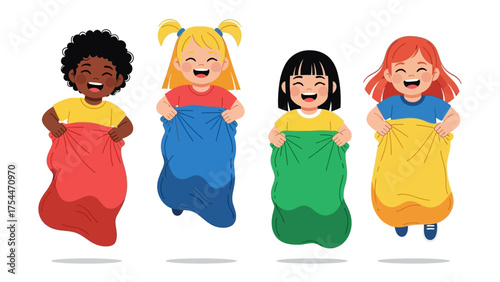 Joyful Leap: Playful youngsters engaging in a lighthearted sack race, exuding pure glee as they jump towards the finish line.
