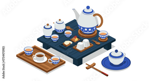 Elegant isometric tea set with teapot, cups, and pastries on wooden tray