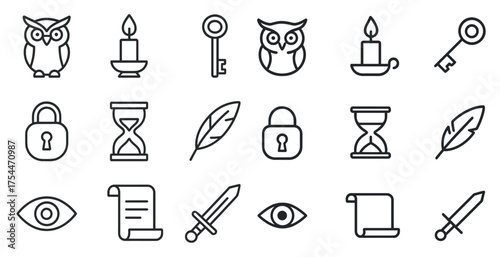 Mystical and magic outline icons set – mystical, enchanted, fantasy symbols