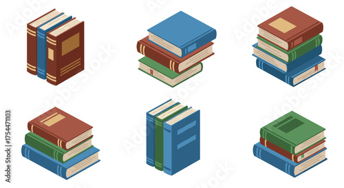 Isometric books set: colorful stacked and arranged in various styles