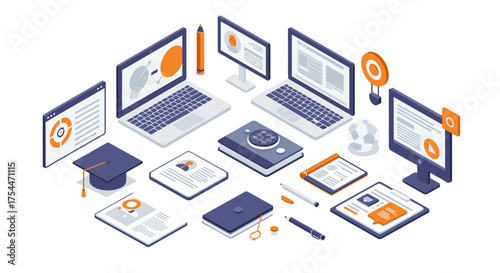 Isometric digital learning setup with laptops, books, and online courses