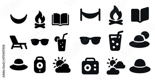 Summer and leisure solid icons set – silhouette, filled, vacation and holiday symbols