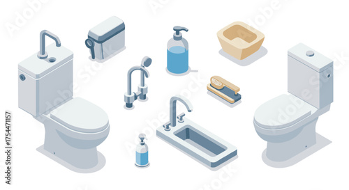 Modern bathroom essentials in isometric design - toilets, sinks, faucets, and accessories