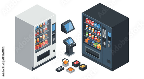 Isometric vending machines with snacks and payment kiosk in modern design
