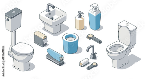 Isometric bathroom set: toilets, sink, faucets, and accessories