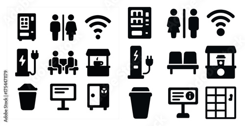 Vending machine silhouette icons set – flat, solid, automatic service symbols