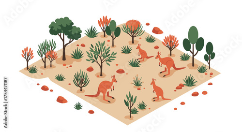 Isometric australian landscape with kangaroos and native flora