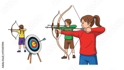 Archery Target Practice: Vibrant illustration of archers aiming at a bullseye target. Focus, skill and determination of archers, with each arrow flight symbolizing precision