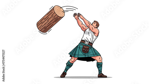 Highland Games Throw: A strong man, dressed in traditional attire, hurls a heavy log, showcasing power and precision in the Highland Games.