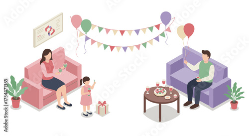 Family celebration with balloons and banners in cozy living room setting