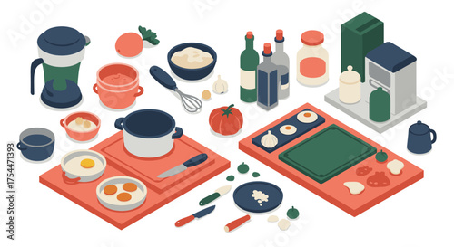 Colorful isometric kitchen scene with appliances and ingredients on counter