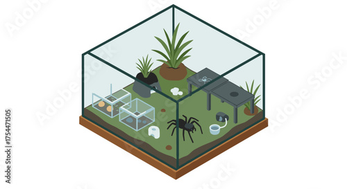 Isometric reptile terrarium with spider and plants in glass enclosure