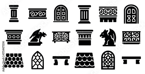 Medieval architecture silhouette icons set – gothic, design, ancient art symbols