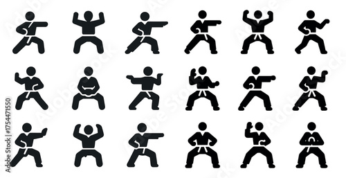 Martial arts solid icons set – silhouette, filled, combat and sport symbols