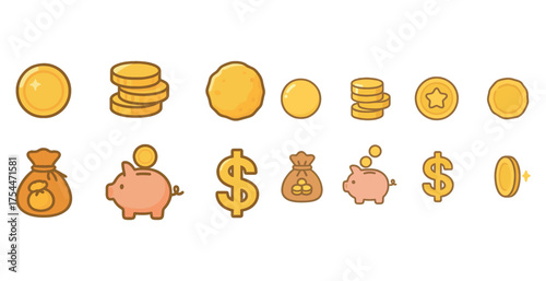 Money and finance icons set – flat, filled, currency and savings symbols
