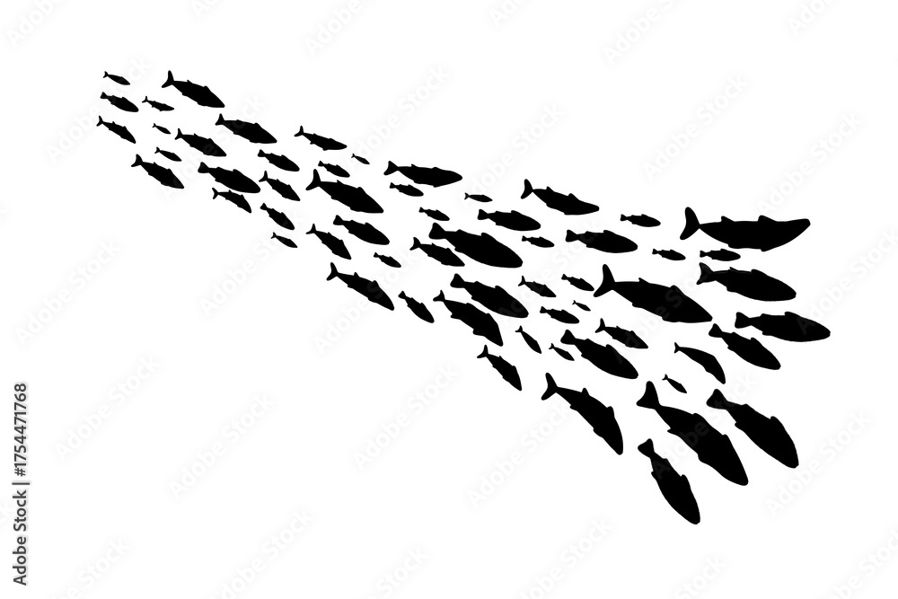 Obraz premium Fish school in the shape of a wave, vector black silhouette isolated on a white background. Abstract sea illustration