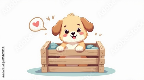 Cute kawaii cartoon puppy in crate