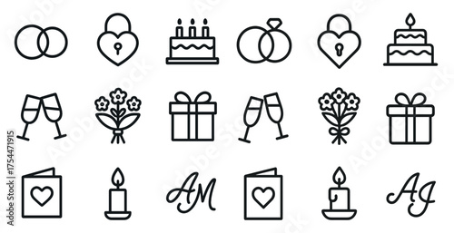 Wedding and celebration line icons set – outline, linear, marriage and party symbols