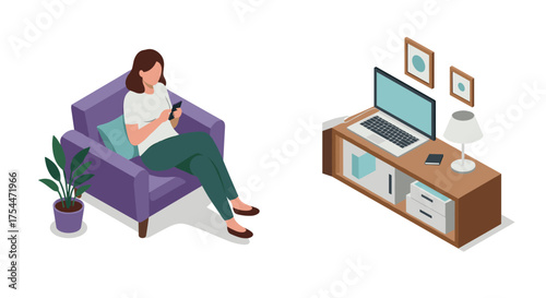 Isometric home office scene with woman on phone and laptop on desk