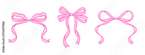 Coquette pink bows set. Cute line art drawings, whimsical ribbons. Birthday, Wedding, Valentine's gift in retro style. Baby shower decoration, girl, romantic design. Doodle lace, vector illustration.