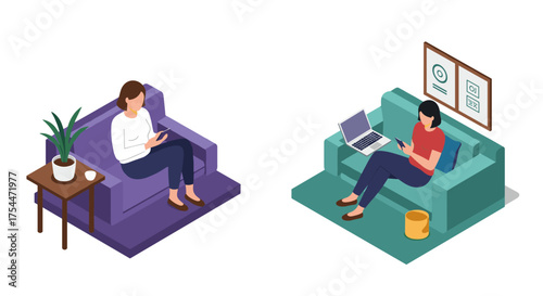 Isometric illustration of people using devices on sofas in modern living rooms